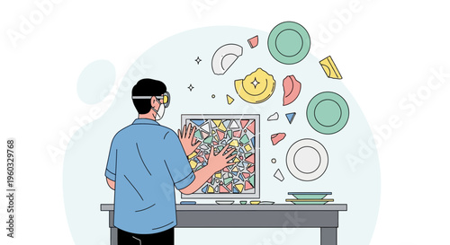 Man Interacts With Digital Art Mosaic Of Broken Dishes In Virtual Reality