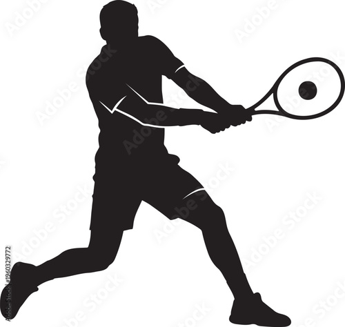 Professional tennis player silhouette hitting backhand shot with racket athlete in action during tournament match isolated on white background for sports club logo training and graphic design vector