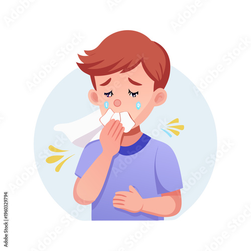 A young boy feeling sick with a cold or flu, sneezing into a tissue. Illustration of a child with allergy symptoms.
