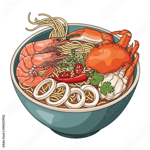 Seafood Ramen Noodle Soup Bowl Illustration