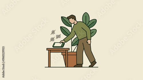 Man burning papers in office.