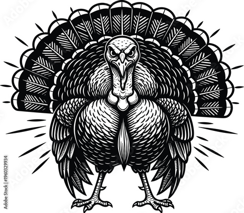 Turkey, bird, isolated, on, white, background, vintage, engraving, woodcut, style, black, and, white, vector, illustration, Thanksgiving, harvest, animal, poultry, wild,