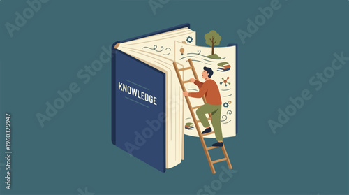 Man climbing ladder into book.