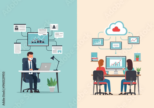 Business professionals collaborate on data analysis in office settings with technology