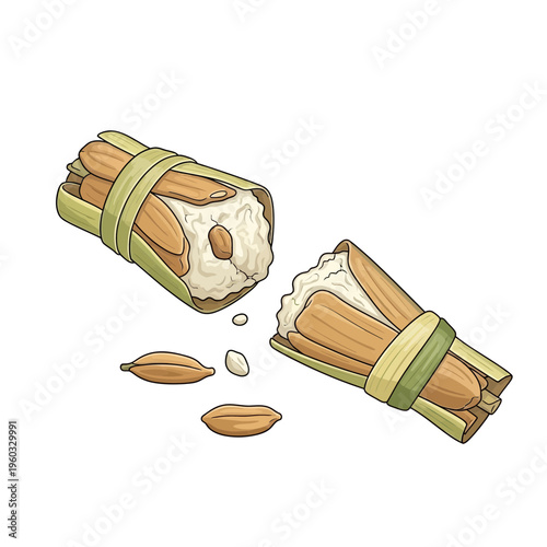 Traditional Filipino Rice Cake, Biko, Wrapped in Banana Leaves, Broken Open