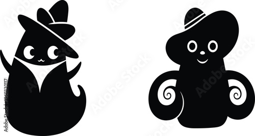 Two cute whimsical ghost silhouettes wearing hats, funny spooky character icons, cartoon halloween spirits, mysterious friendly shadow figures, playful occult design,