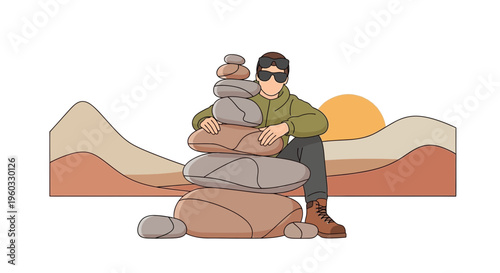 Man Meditating Amidst Balanced Rocks And Serene Mountain Landscape