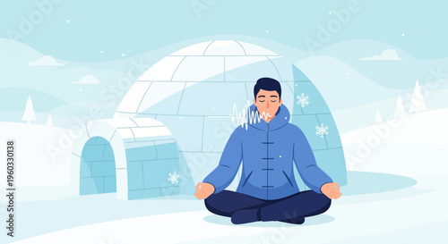 Man Meditating Calmly Inside An Igloo In A Winter Landscape