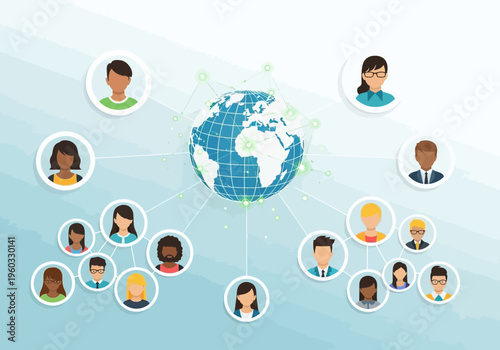 Global network of diverse people connect around the world map illustration