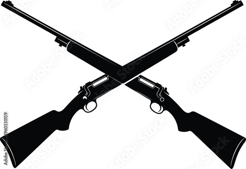 Two crossed hunting rifle guns silhouette vector illustration isolated on white background, black firearm weapon graphic for military army logo design, shooting sport symbol element
