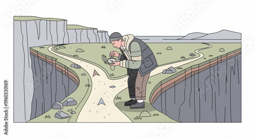 Man Navigates Crossroads With Compass At Cliff Edge Exploring Uncertain Future
