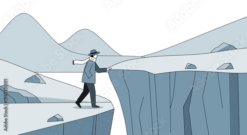 Man Navigates Perilous Cliff Edge in Stark Landscape