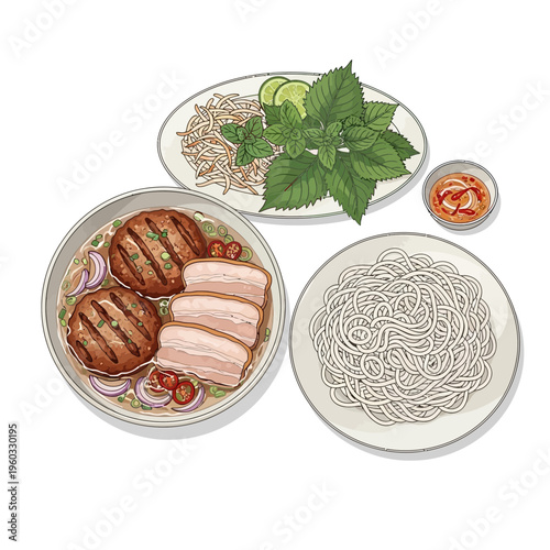 Vietnamese Pho Bo soup with noodles, grilled meat, and fresh herbs