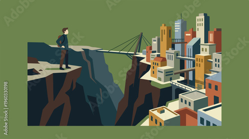 Man standing on cliff edge.