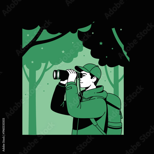 Man Observing Nature Through Binoculars In A Forest At Dusk