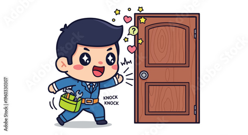 Cartoon illustration of a cheerful repairman with a tool belt running towards a brown wooden door with excited expressions and symbols around him on a plain white background.