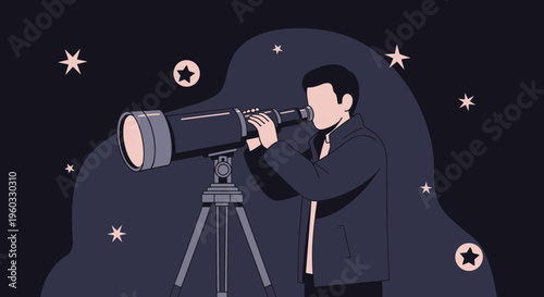 Man Observing Stars With Telescope Under Night Sky
