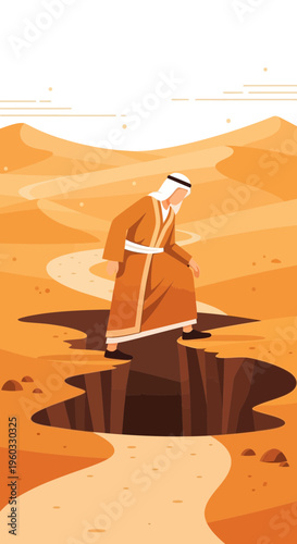 Man Navigating Treacherous Desert Path Approaching Deep Chasm Symbolizing Risk