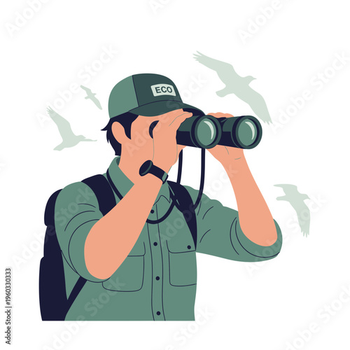 Man Observing Wildlife With Binoculars And Birds In The Sky