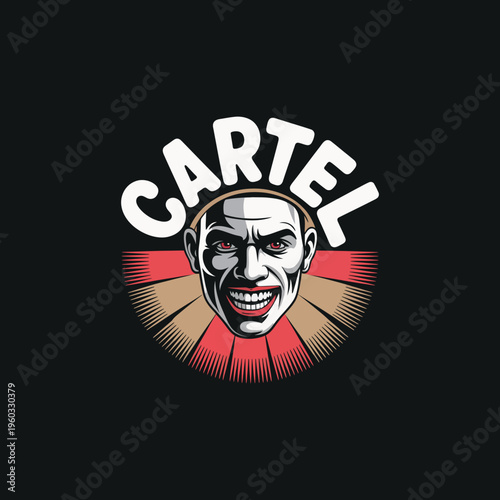 Cartel evil man face with red eyes and sinister smile logo