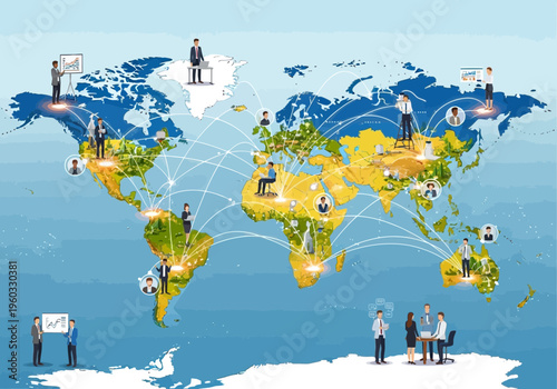 Global business people connect worldwide on a map with lines