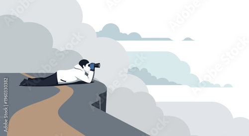 Man On Cliff Edge Looking Through Binoculars Towards Horizon