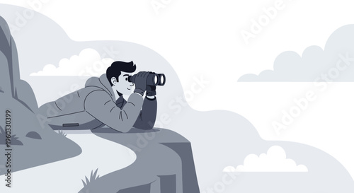 Man On Cliff Edge Observing Distant Horizons With Binoculars