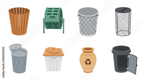 Set of diverse waste bins, trash cans, and composters. Collection of garbage, recycling, and organic waste containers, vector illustration.