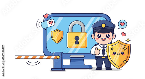 Cartoon security guard standing with a shield in front of a computer screen with a padlock and shield icons on a white background with a cheerful mood.