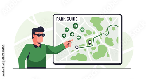 Man Pointing At Digital Park Map Showing Navigation And Directions
