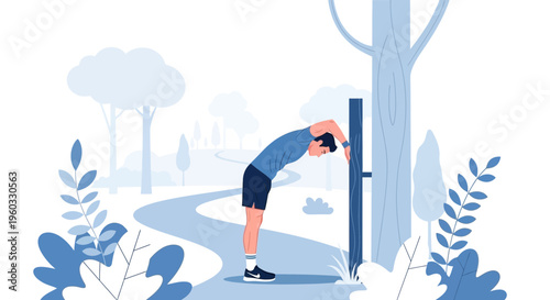 Man Performing Outdoor Stretching Routine Next To A Tree Trunk