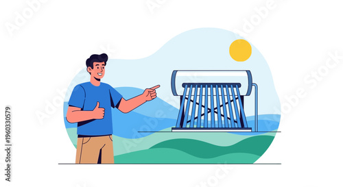 Man Points To Solar Water Heater Embracing Eco Friendly Technology