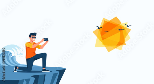 Man Photographing Ocean Wave and Sunny Sky with Birds