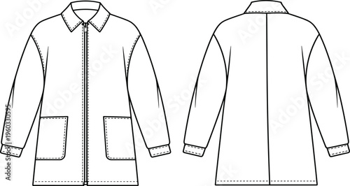 Unisex Casual Zip Up Jacket Mockup, Front and Back View Outerwear Apparel, Fashion Technical Vector Illustration Flat Sketch for Design