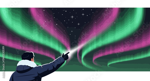 Man Points At Vibrant Aurora Borealis Lights In Starry Night Sky