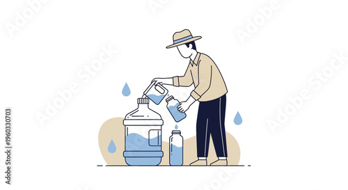 Man Pouring Water Into Large Bottle with Smaller Containers Around