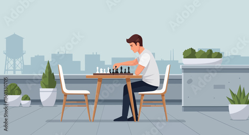 Man Playing Chess On Rooftop Terrace With City Skyline View