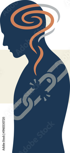 Man with swirling thoughts chained.