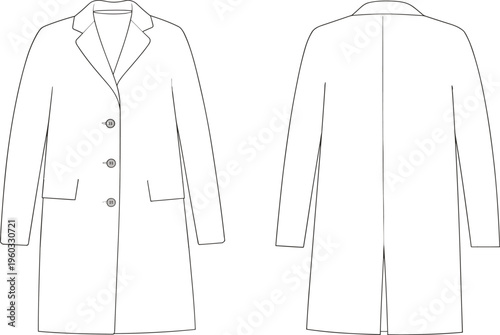 Unisex Long Sleeve Classic Overcoat Mockup with Buttons, Front and Back View, Apparel Fashion Technical Vector Illustration Flat Sketch Template