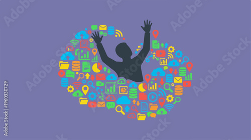 Man with raised arms surrounded.