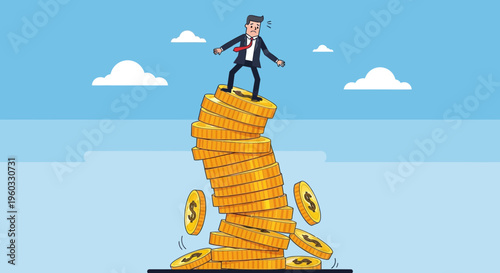 Man Precariously Balanced On A Tall Stack Of Coins