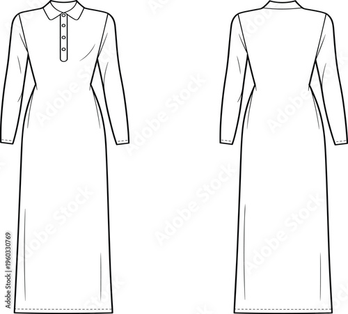 Unisex Long Sleeve Polo Maxi Dress Mockup, Front and Back View Casual Gown, Apparel Technical Vector Illustration Flat Sketch Template