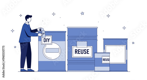 Man Preparing Diy And Reuse Containers For Creative Projects Sustainability And Recycling Concept