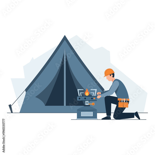 Man Preparing Food At Campsite With Portable Stove Next To Tent