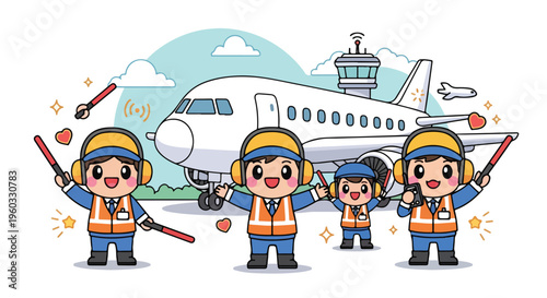 Cartoon illustration of four airport ground crew workers wearing safety gear standing in front of an airplane with a control tower in the background on a sunny day.