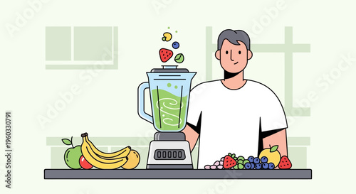 Man Preparing Healthy Smoothie With Fresh Fruits And Blender In Kitchen