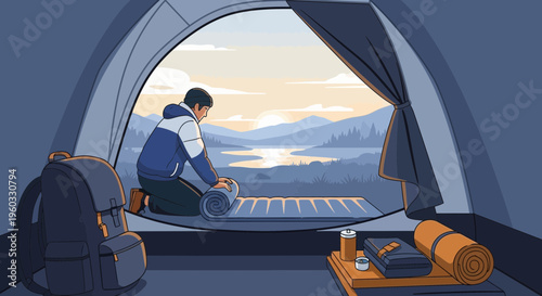 Man Preparing Sleeping Mat Inside Tent With Scenic Mountain Lake View