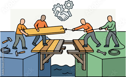 Men working together on bridge.