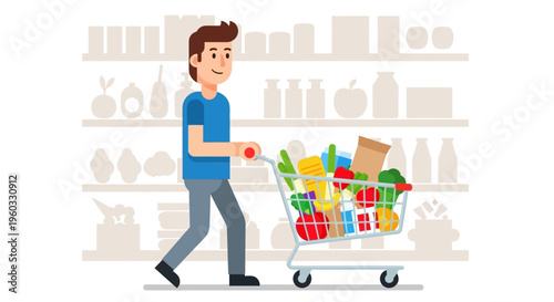 Man Pushing Full Shopping Cart in Grocery Store Aisle