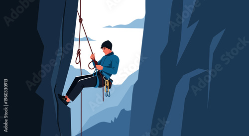 Man Rappelling Down Rugged Mountain Face With Secured Rope System